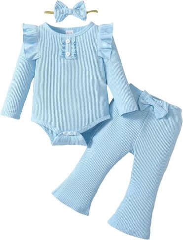 Newborn Baby Girls Clothes Outfit Ruffle Long Sleeve Ribbed Knit Romper Pants Set Fall Winter in Saudi Arabia