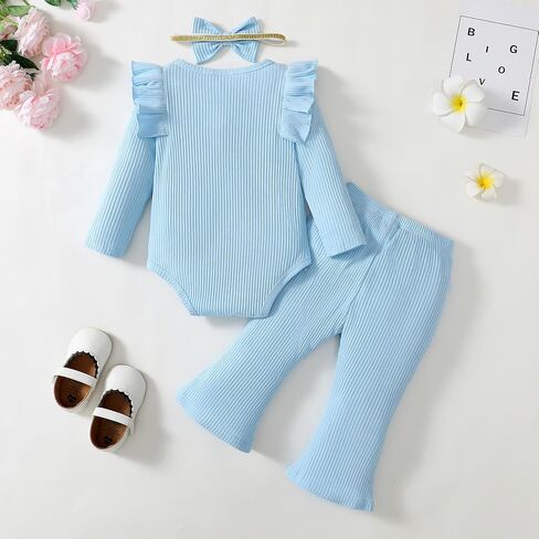 Newborn Baby Girls Clothes Outfit Ruffle Long Sleeve Ribbed Knit Romper Pants Set Fall Winter in Saudi Arabia