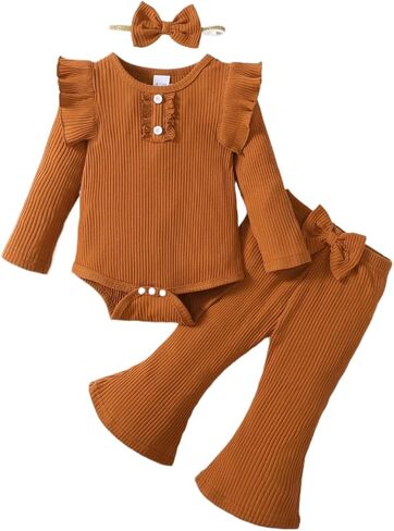 Newborn Baby Girls Clothes Outfit Ruffle Long Sleeve Ribbed Knit Romper Pants Set Fall Winter in Saudi Arabia