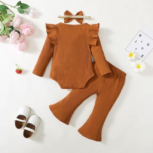 Newborn Baby Girls Clothes Outfit Ruffle Long Sleeve Ribbed Knit Romper Pants Set Fall Winter in Saudi Arabia