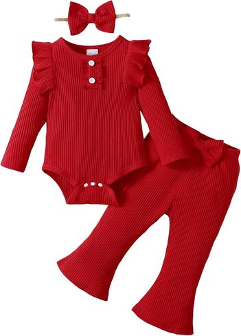Newborn Baby Girls Clothes Outfit Ruffle Long Sleeve Ribbed Knit Romper Pants Set Fall Winter in Saudi Arabia