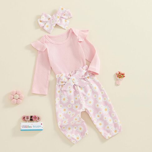 Newborn Baby Girl Clothes Fall Infant Outfit Knit Long Sleeve Romper Jumpsuits + Print Pants + Headband Sets in Saudi Arabia