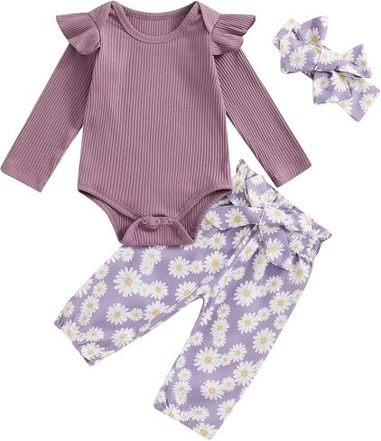 Newborn Baby Girl Clothes Fall Infant Outfit Knit Long Sleeve Romper Jumpsuits + Print Pants + Headband Sets in Saudi Arabia