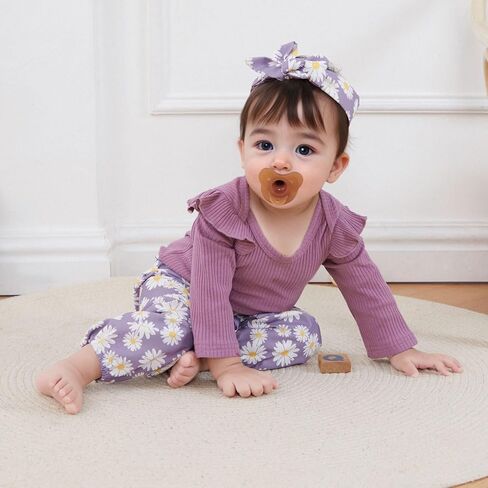 Newborn Baby Girl Clothes Fall Infant Outfit Knit Long Sleeve Romper Jumpsuits + Print Pants + Headband Sets in Saudi Arabia