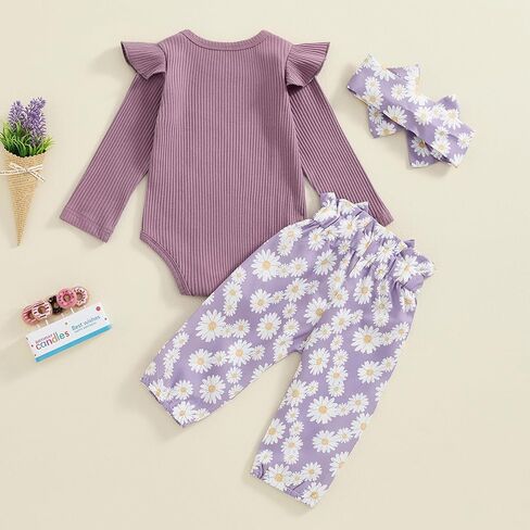 Newborn Baby Girl Clothes Fall Infant Outfit Knit Long Sleeve Romper Jumpsuits + Print Pants + Headband Sets in Saudi Arabia