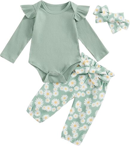 Newborn Baby Girl Clothes Fall Infant Outfit Knit Long Sleeve Romper Jumpsuits + Print Pants + Headband Sets in Saudi Arabia