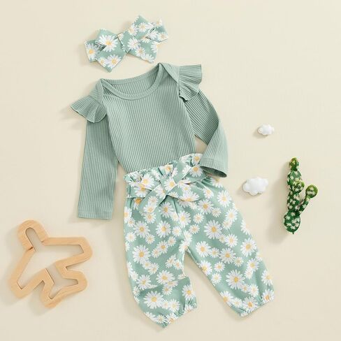 Newborn Baby Girl Clothes Fall Infant Outfit Knit Long Sleeve Romper Jumpsuits + Print Pants + Headband Sets in Saudi Arabia
