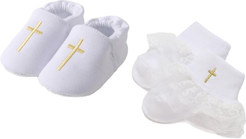 Baby Baptism Shoes and Socks,Embroidered Cross Baptism Shoes with Christening Socks for Baby Girls Easter Gifts in Kuwait