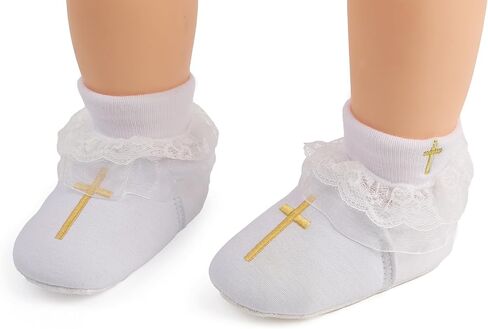 Baby Baptism Shoes and Socks,Embroidered Cross Baptism Shoes with Christening Socks for Baby Girls Easter Gifts in Kuwait