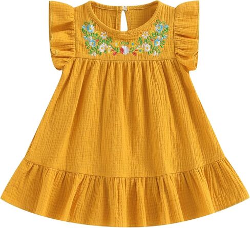 Kids Toddler Baby Girl Summer Cotton Linen Dress Flying Sleeve Mexican Ethnic Embroidery Floral Sundress Casual Dress in Saudi Arabia