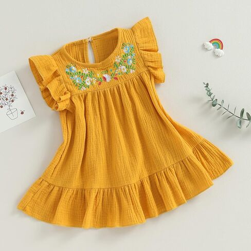 Kids Toddler Baby Girl Summer Cotton Linen Dress Flying Sleeve Mexican Ethnic Embroidery Floral Sundress Casual Dress in Saudi Arabia