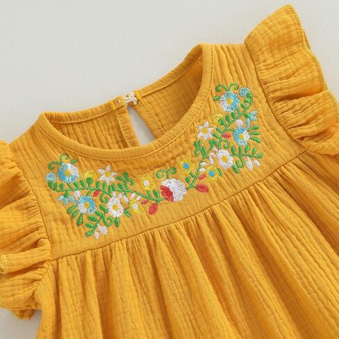 Kids Toddler Baby Girl Summer Cotton Linen Dress Flying Sleeve Mexican Ethnic Embroidery Floral Sundress Casual Dress in Saudi Arabia