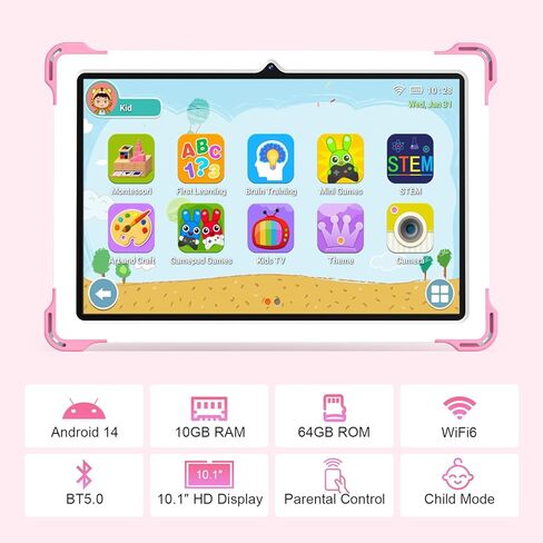 Kids Tablet 10 inch Android 14 Tablet for Kids Octa-Core 10+64GB GMS Certified Learning Tablet with WiFi 6, Bluetooth 5.2, Dual Camera, Parental Control Child Tablet with Drop-Proof Case in Kuwait