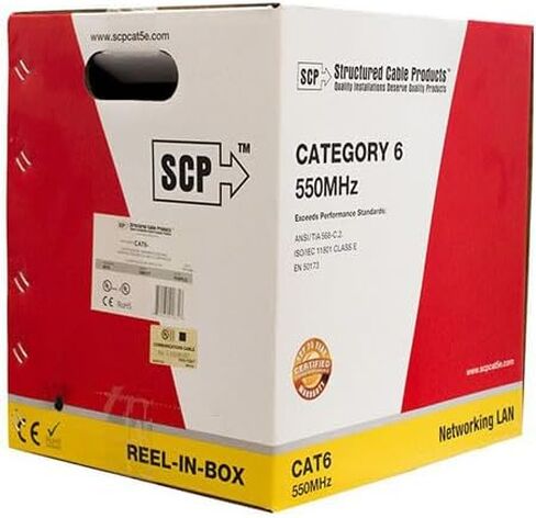 كابل Cat6 Plenum صلب 100% نحاسي 1000 قدم تم اختباره 23 AWG 550 ميجا هرتز لون أزرق UTP بكرة في صندوق كابل SCP ماركة in Saudi Arabia