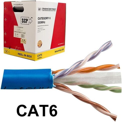 كابل Cat6 Plenum صلب 100% نحاسي 1000 قدم تم اختباره 23 AWG 550 ميجا هرتز لون أزرق UTP بكرة في صندوق كابل SCP ماركة in Saudi Arabia