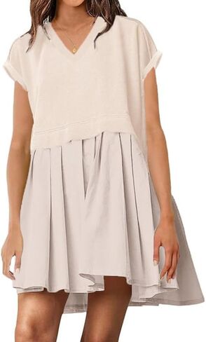Womens Summer Dresses Oversized Short Sleeve V Neck Patchwork Casual Trendy Mini Pleated Swing Sweatshirt Dress in Saudi Arabia