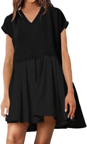 Womens Summer Dresses Oversized Short Sleeve V Neck Patchwork Casual Trendy Mini Pleated Swing Sweatshirt Dress in Saudi Arabia