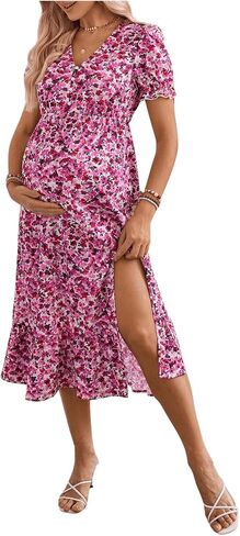 MakeMeChic Women's Maternity Dresses Floral V Neck Puff Sleeve Split Ruffle Nursing Midi Dresses in Saudi Arabia