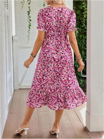 MakeMeChic Women's Maternity Dresses Floral V Neck Puff Sleeve Split Ruffle Nursing Midi Dresses in Saudi Arabia
