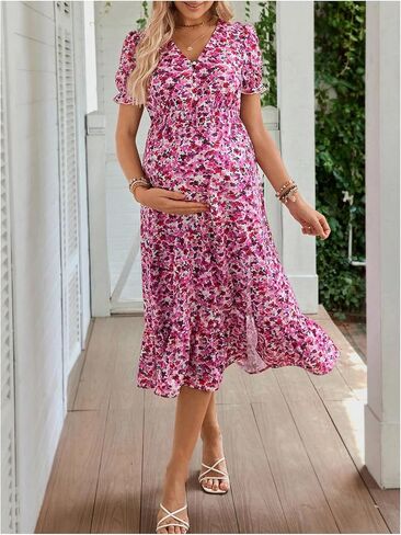 MakeMeChic Women's Maternity Dresses Floral V Neck Puff Sleeve Split Ruffle Nursing Midi Dresses in Saudi Arabia