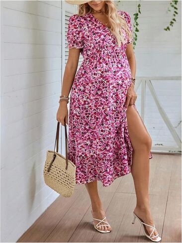 MakeMeChic Women's Maternity Dresses Floral V Neck Puff Sleeve Split Ruffle Nursing Midi Dresses in Saudi Arabia