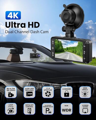 Dash Cam Front Rear 4K/1080P, Dash Camera for Cars Build in WIFI, Full HD Dash Cam with APP Control, 3.94‘’ IPS Screen Dash camera with 32GB SD Card, G-Sensor, WDR, 24Hr Parking Mote, Loop Recording in Saudi Arabia