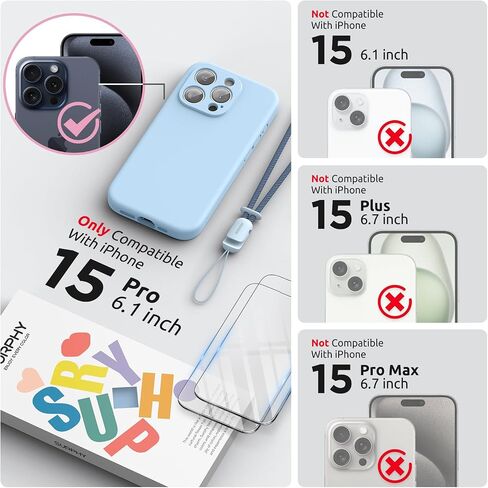 SURPHY Designed for iPhone 15 Pro Case with Screen Protector and Lanyard, Phone Strap and Liquid Silicone Phone Case (Camera protective + Soft Microfiber Lining) 6.1 inch 2023 (Light Blue) in Saudi Arabia