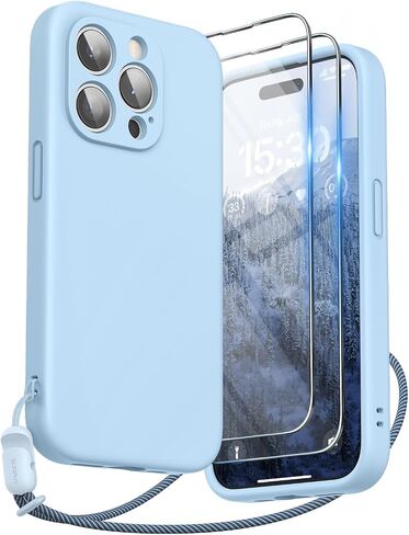 SURPHY Designed for iPhone 15 Pro Case with Screen Protector and Lanyard, Phone Strap and Liquid Silicone Phone Case (Camera protective + Soft Microfiber Lining) 6.1 inch 2023 (Light Blue) in Saudi Arabia