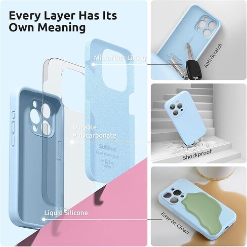 SURPHY Designed for iPhone 15 Pro Case with Screen Protector and Lanyard, Phone Strap and Liquid Silicone Phone Case (Camera protective + Soft Microfiber Lining) 6.1 inch 2023 (Light Blue) in Saudi Arabia