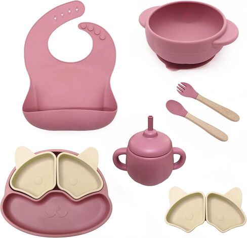 A 6-piece BPA Free Children Tableware Custom Silicone Bowl Weaning Suction Plate Baby And Toddler Feeding Set (Dark pink) in Saudi Arabia