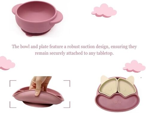 A 6-piece BPA Free Children Tableware Custom Silicone Bowl Weaning Suction Plate Baby And Toddler Feeding Set (Dark pink) in Saudi Arabia