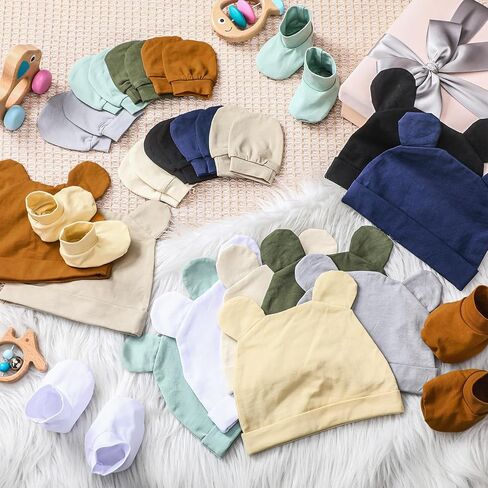 10 Set Newborn Baby Hat Mittens and Socks Newborn Bear Ears Beanie Caps Mitten Ankle Sock for 0-6 Months Infant in Saudi Arabia