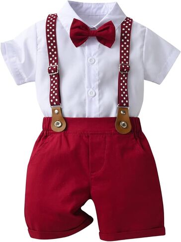 Baby Boys Gentleman Shorts Sets, Infant Shirt+Shorts+Bow Tie+Suspenders,Toddler Outfits Suits in Saudi Arabia