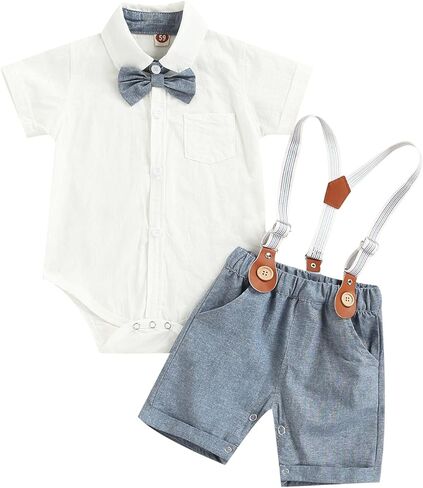 Karwuiio Toddler Baby Boys Formal Suit Set Short Sleeve Button Shirt + Suspender Shorts Pants Gentleman Outfit in Saudi Arabia