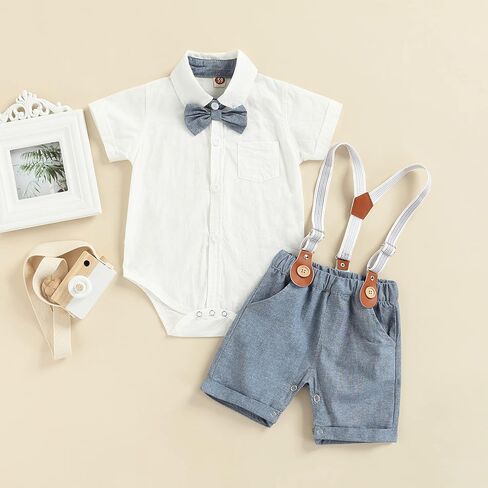 Karwuiio Toddler Baby Boys Formal Suit Set Short Sleeve Button Shirt + Suspender Shorts Pants Gentleman Outfit in Saudi Arabia