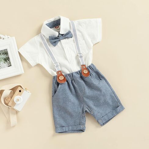 Karwuiio Toddler Baby Boys Formal Suit Set Short Sleeve Button Shirt + Suspender Shorts Pants Gentleman Outfit in Saudi Arabia