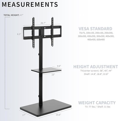 VIVO Height Adjustable TV Floor Stand, 37 to 75 inch Plasma LED LCD Screen Display Mount, Accessory Shelf, Max VESA 600x400mm, Black, STAND-TV75E in Saudi Arabia