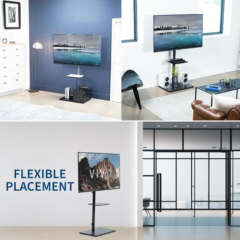 VIVO Height Adjustable TV Floor Stand, 37 to 75 inch Plasma LED LCD Screen Display Mount, Accessory Shelf, Max VESA 600x400mm, Black, STAND-TV75E in Saudi Arabia