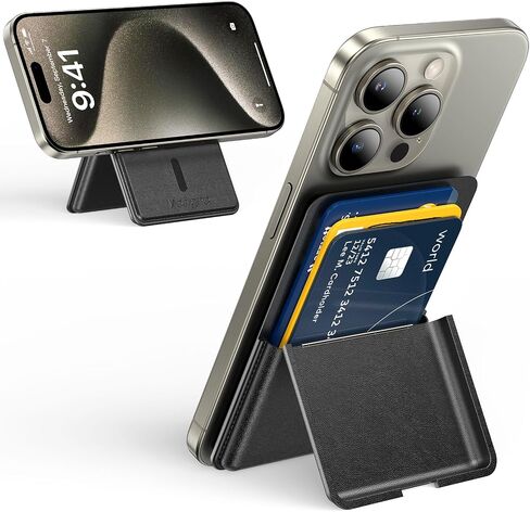Meifigno Magnetic Wallet Card Holder with Stand, Compatible with MagSafe Wallet, Magnetic Leather Phone Wallet with Adjustable Stand, Designed for iPhone 15/14/13/12 Series, Fits 3 Cards, Black in Saudi Arabia