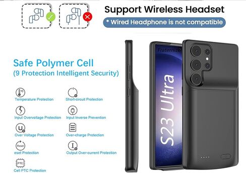 Battery Case for Samsung Galaxy S23 Ultra, 4800mAh Ultra Powerful Rechargeable Charging Case, Protective Extended Backup Battery Charger Cases Cover for Samsung Galaxy s23 Ultra 2023 Black in Saudi Arabia
