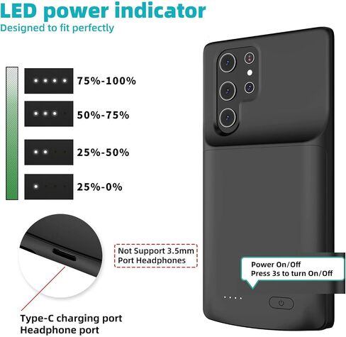 Battery Case for Samsung Galaxy S23 Ultra, 4800mAh Ultra Powerful Rechargeable Charging Case, Protective Extended Backup Battery Charger Cases Cover for Samsung Galaxy s23 Ultra 2023 Black in Saudi Arabia