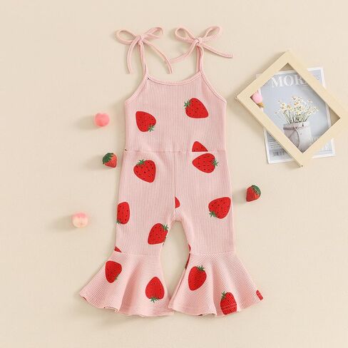 Canrulo Toddler Baby Girl Fruit Outfit Strawberry Print Ribbed Jumpsuit Tie-up Sleeveless Overalls One Piece Summer Romper in Saudi Arabia