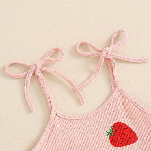 Canrulo Toddler Baby Girl Fruit Outfit Strawberry Print Ribbed Jumpsuit Tie-up Sleeveless Overalls One Piece Summer Romper in Saudi Arabia