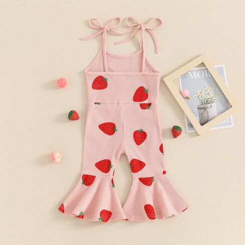 Canrulo Toddler Baby Girl Fruit Outfit Strawberry Print Ribbed Jumpsuit Tie-up Sleeveless Overalls One Piece Summer Romper in Saudi Arabia
