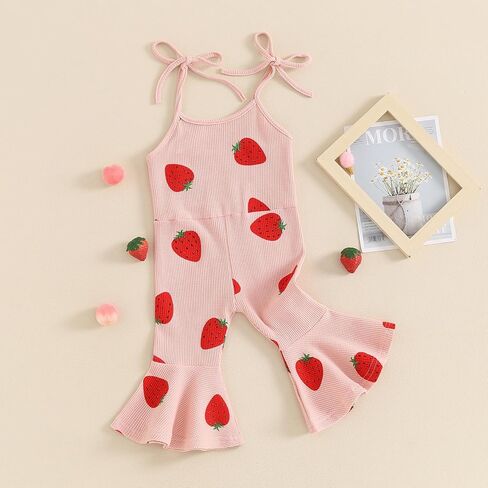 Canrulo Toddler Baby Girl Fruit Outfit Strawberry Print Ribbed Jumpsuit Tie-up Sleeveless Overalls One Piece Summer Romper in Saudi Arabia