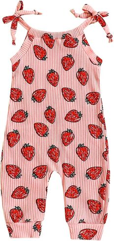Canrulo Toddler Baby Girl Fruit Outfit Strawberry Print Ribbed Jumpsuit Tie-up Sleeveless Overalls One Piece Summer Romper in Saudi Arabia