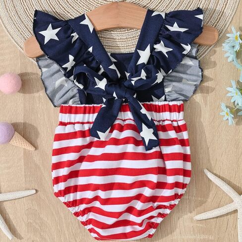 4th of July Baby Girl Outfits Stars Stripe Print Rompers Ruffled Bodysuit USA Flag Clothes in Saudi Arabia