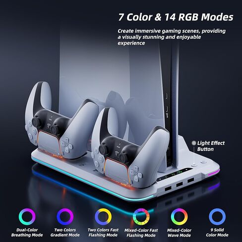 حامل Mytrix PS5 النحيف ومحطة التبريد مع محطة شحن وحدة تحكم مزدوجة لوحدة تحكم Playstation 5 Slim، شاحن وحدة التحكم، مروحة تبريد 3 سرعات، حامل سماعة الرأس، مصابيح RGB و3 منافذ USB in Kuwait