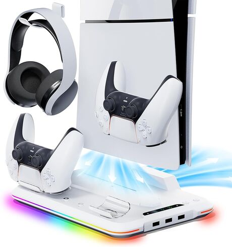 حامل Mytrix PS5 النحيف ومحطة التبريد مع محطة شحن وحدة تحكم مزدوجة لوحدة تحكم Playstation 5 Slim، شاحن وحدة التحكم، مروحة تبريد 3 سرعات، حامل سماعة الرأس، مصابيح RGB و3 منافذ USB in Kuwait