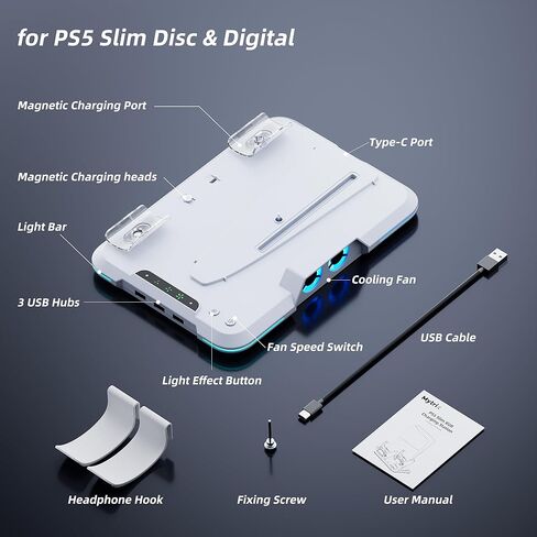 حامل Mytrix PS5 النحيف ومحطة التبريد مع محطة شحن وحدة تحكم مزدوجة لوحدة تحكم Playstation 5 Slim، شاحن وحدة التحكم، مروحة تبريد 3 سرعات، حامل سماعة الرأس، مصابيح RGB و3 منافذ USB in Kuwait
